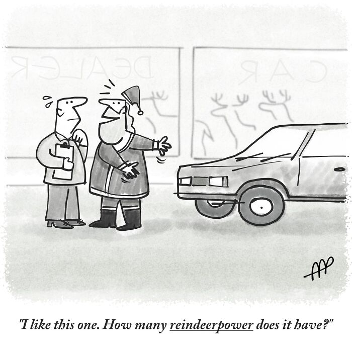 A single-panel comic features Santa asking a car salesman about 'reindeerpower', from witty single-panel comics.