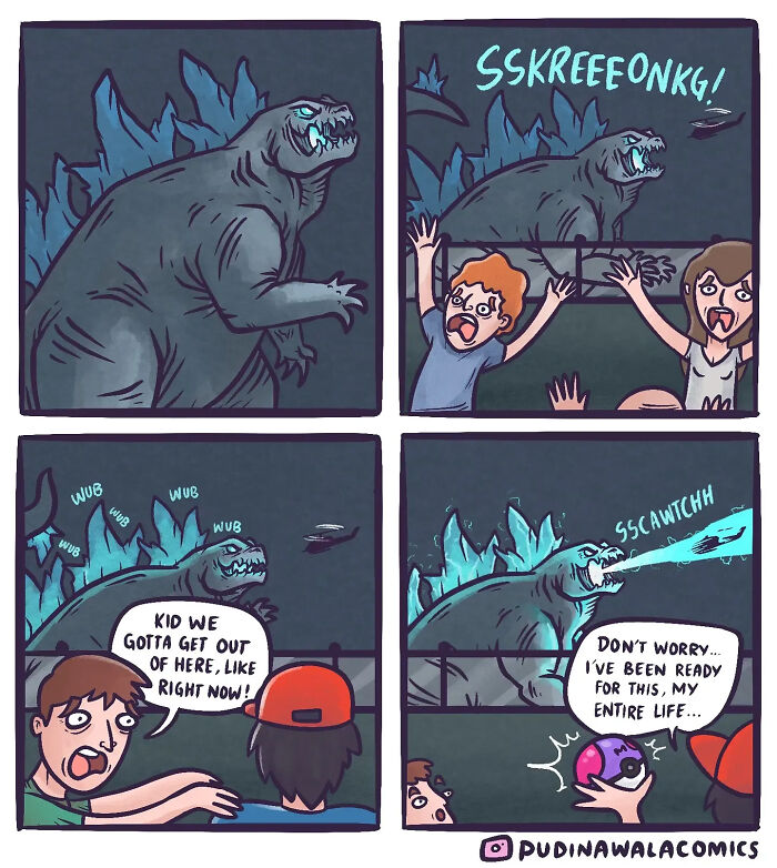 A comic strip about a monster attacking a city and a boy trying to catch it in a poke-ball. It shows funny comics with a twist.