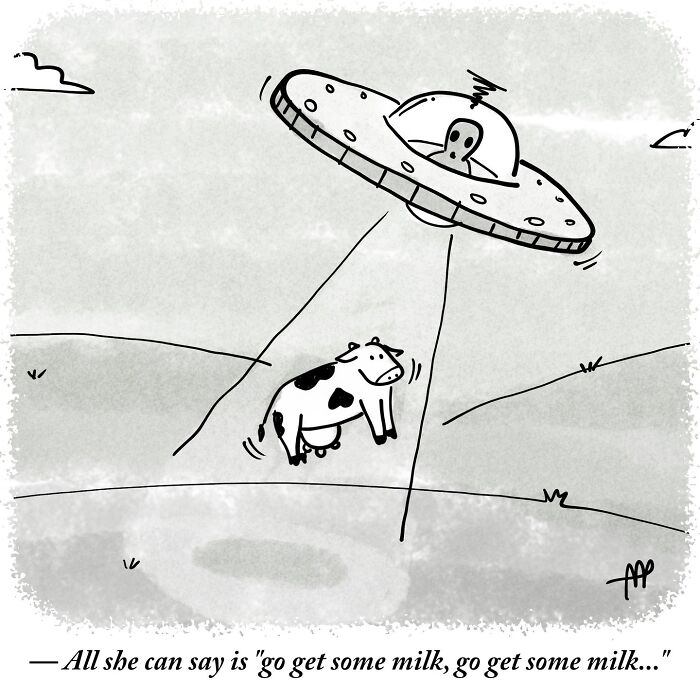 A single-panel comic depicts an alien in a UFO abducting a cow, part of witty single-panel comics.