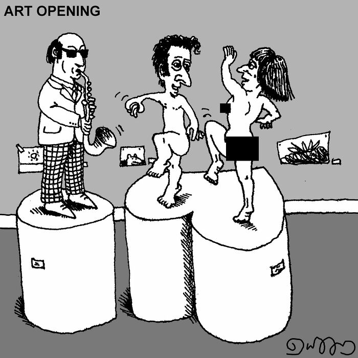 Absurd cartoons by J.C. Duffy: Three figures on pedestals at an ART OPENING, with one playing saxophone.