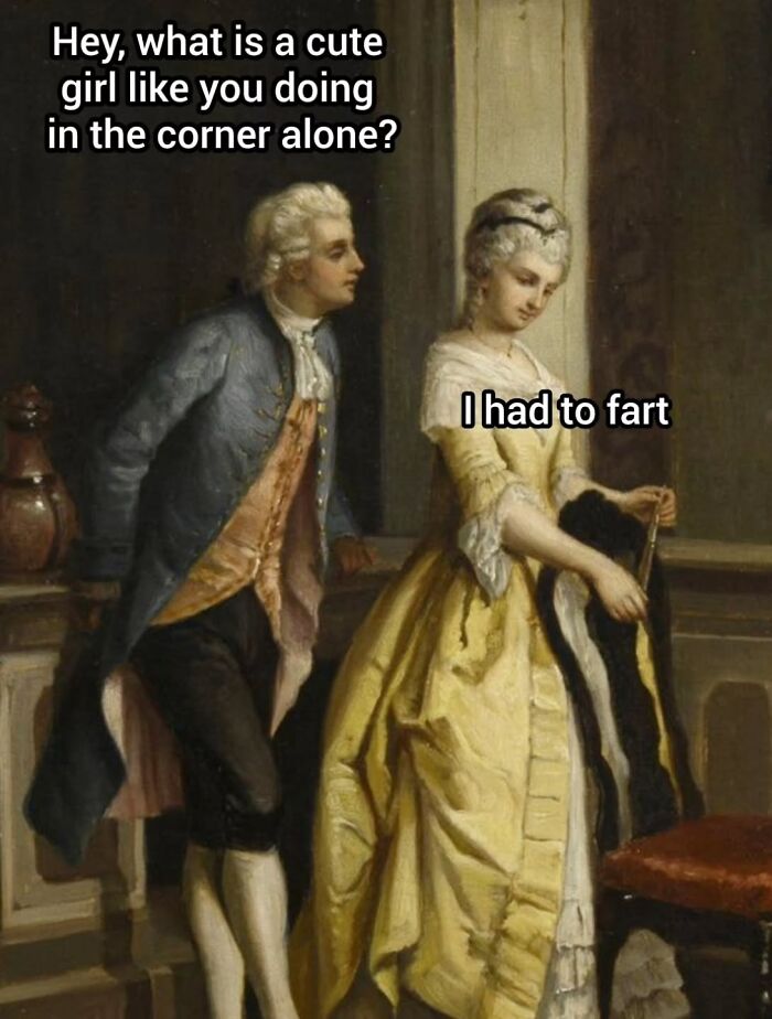Classic painting turned into a modern comedy meme of a man approaching a woman. Art Memes Central.