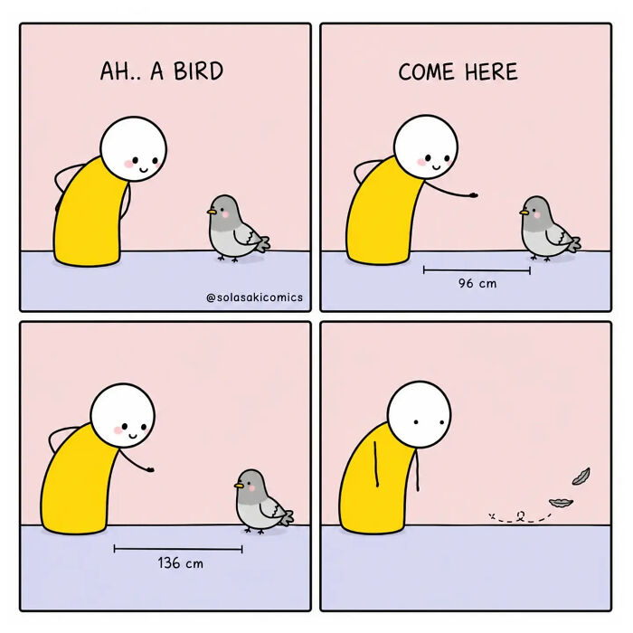 Clever comic showing a person trying to approach a bird, but it keeps moving away, creating a hilarious moment.