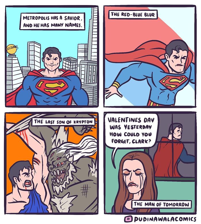 A comic showing Superman in various iconic poses, ending with Lois Lane upset he forgot Valentines Day, a funny take on pop culture.