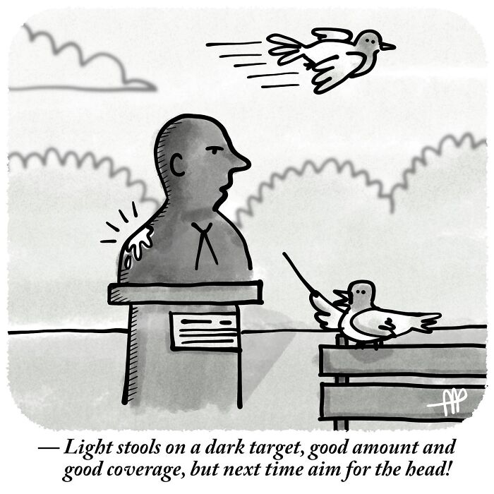 A single-panel comic shows a bird teaching another bird how to p**p on a statue, witty single-panel comics.