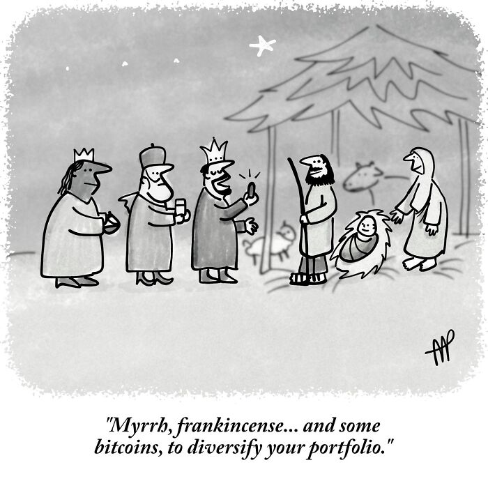 Witty single-panel comic of the Three Wise Men giving bitcoins, taking an everyday idea in an absurd direction.