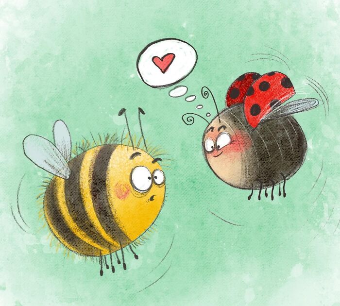 Lovable illustrated characters: a striped bee looking surprised at a ladybug with a heart thought bubble.