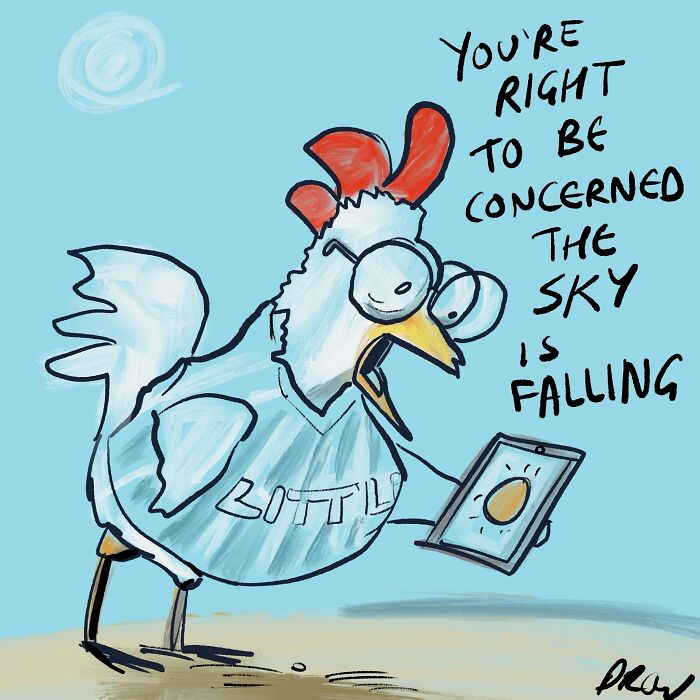 A clever single-panel comic of a chicken wearing a shirt and glasses, holding a tablet, saying the sky is falling.