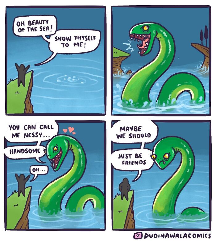 A comic depicting a man meeting a seductive Nessy, then regretting his approach, a hilarious spin on mythical creatures.