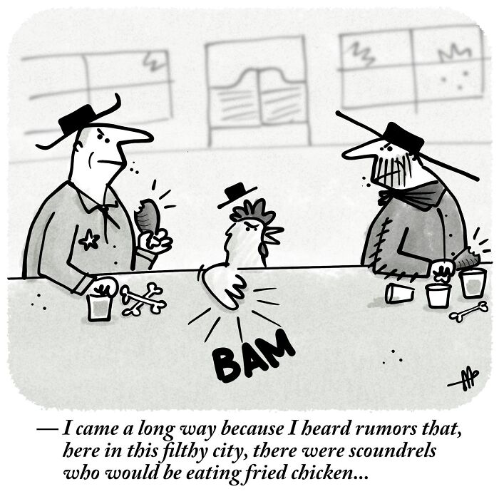 Witty single-panel comic depicting a saloon fight over fried chicken, taking an everyday idea in an absurd direction.