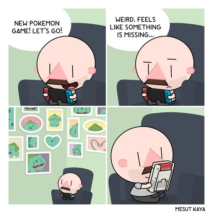 A Mesut Kaya comic strip with funny twists about a new Pokemon game and collectibles.