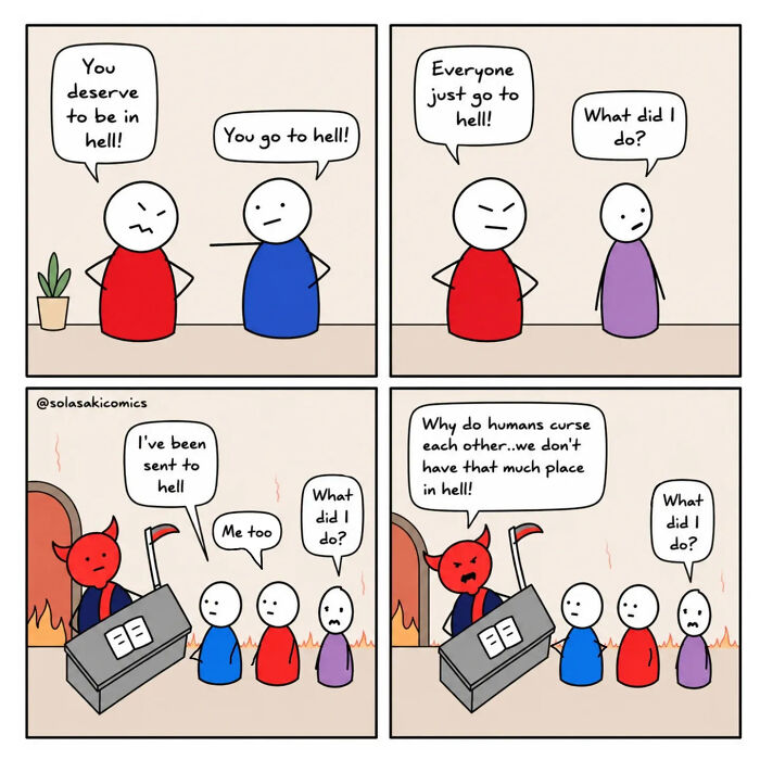 Clever comics illustrate stick figures being sent to hell, with devils expressing surprise at the number of new arrivals, making mundane moments hilarious.