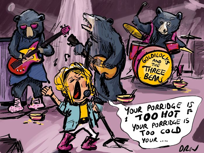 Clever single-panel comic of Goldilocks singing with the Three Bears rock band about porridge temperatures.