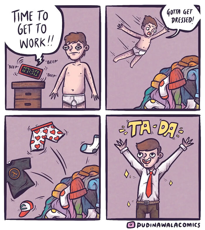 A comic showing a man waking up and quickly getting dressed for work, a hilarious spin on daily routines.