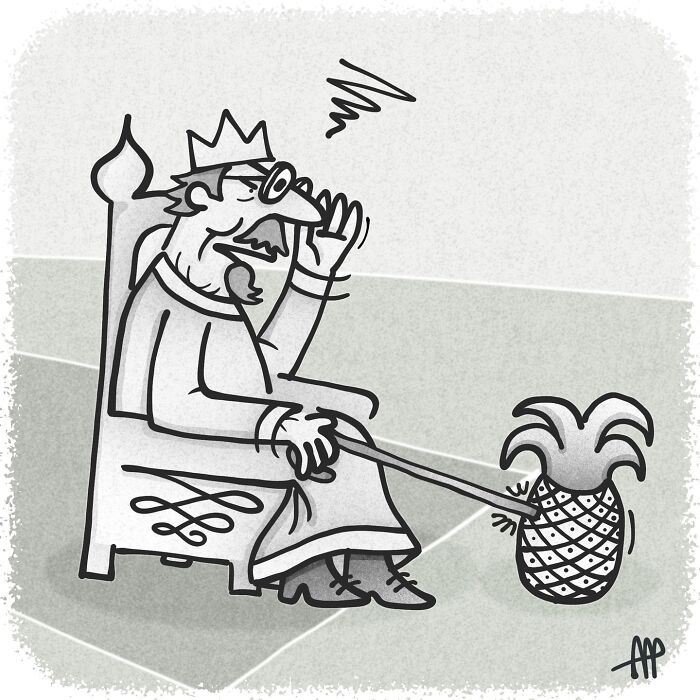 Witty single-panel comic of a king on a throne with a pineapple on a leash, taking an everyday idea in an absurd direction.
