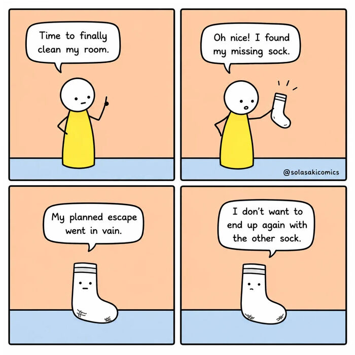 Clever comics illustrate a person finding a missing sock while cleaning, depicting mundane moments with a hilarious twist.