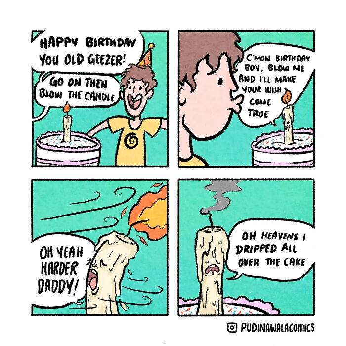 A comic of a birthday candle making a suggestive wish, then dripping wax on the cake, a humorous take on pop culture.