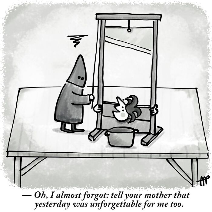Witty single-panel comic showing a chicken in a guillotine, taking an everyday idea in an absurd direction.