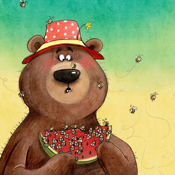 Lovable illustrated character of a bear in a red polka dot hat eating watermelon with many small bees around it.