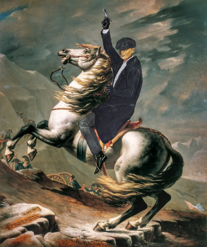 Digital artist blends famous movies with classical art, showing a man on horseback holding a pistol.