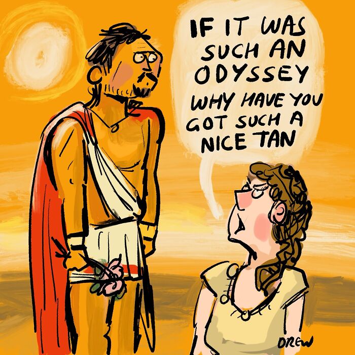 A clever single-panel comic showing two characters, one asking about an odyssey and the other's tan.