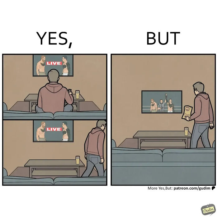 A comic points out a man watching a live fight then getting a paper to go watch a recorded fight. Clever Yes But comics.