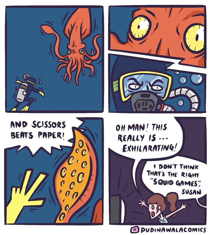 A hilarious comic strip with a funny spin on the movie Squid Game, featuring a diver playing rock paper scissors with a giant squid.