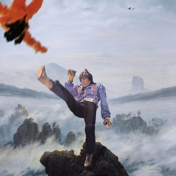 Digital artist blends famous movies with classical art, depicting a character kicking on a rocky outcrop.