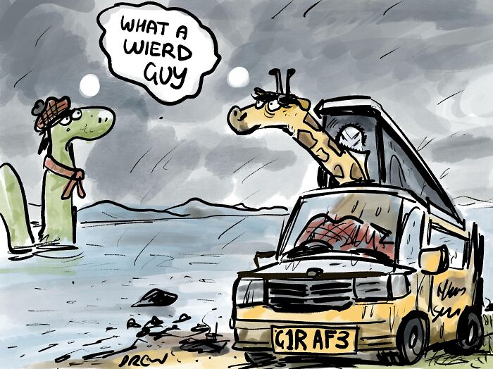 Clever single-panel comic with the Loch Ness Monster thinking a giraffe sticking out of a camper van is weird.