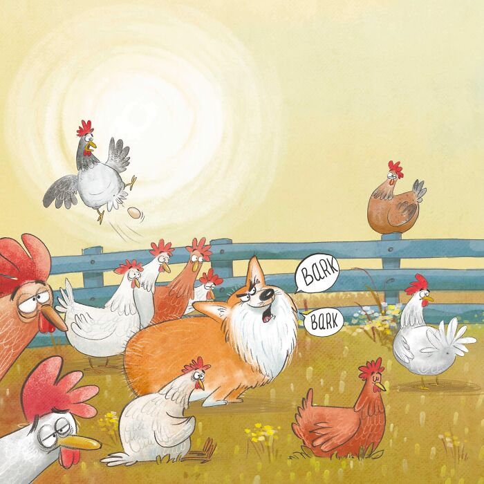 Lovable illustrated characters including a barking corgi herding chickens on a farm under a bright sun.