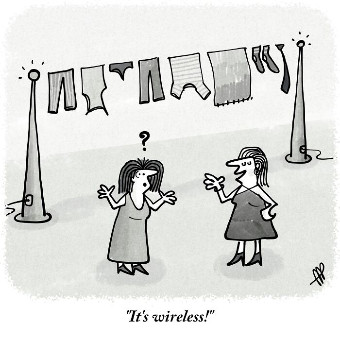 A witty single-panel comic illustrates two women marveling at laundry hanging wirelessly on an outdoor clothesline.