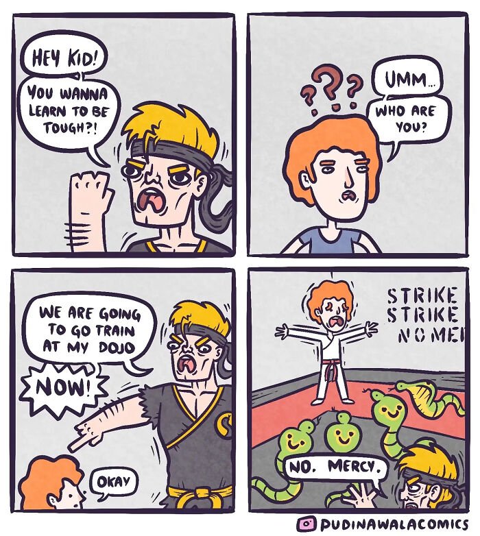 A funny comic strip with a hilarious spin on movies and pop culture, featuring a scene from Cobra Kai.
