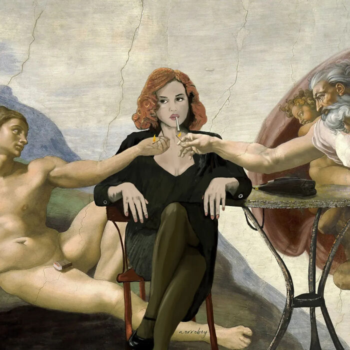 Digital artist blends famous movies with classical art, featuring a woman smoking with figures from classical art.