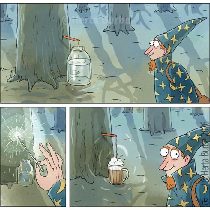 Herta Burbė comics and illustrations: a wizard using magic to turn tree sap into a frothy drink.