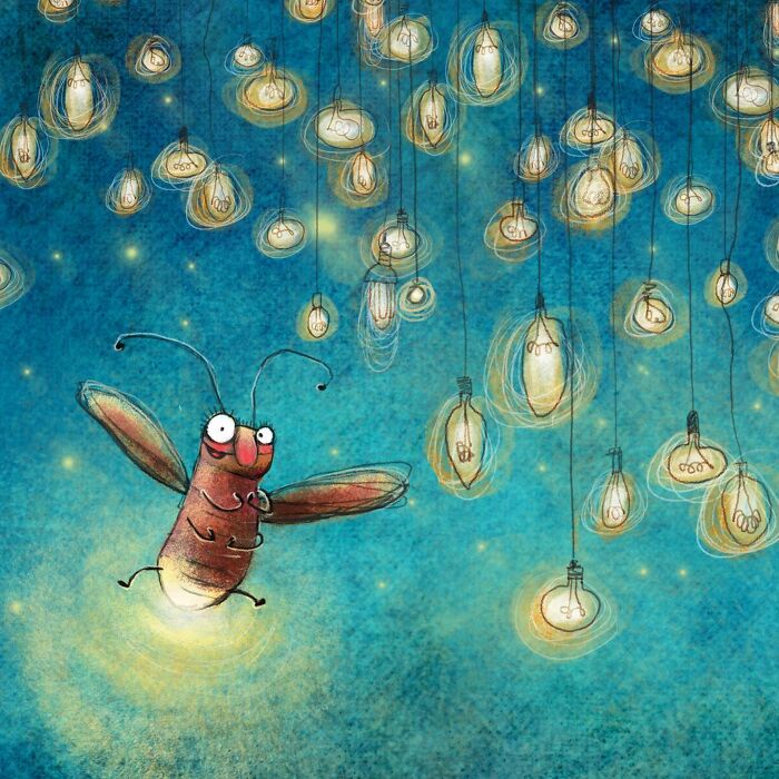 Lovable illustrated character of a firefly flying amidst numerous glowing lightbulbs against a blue background.
