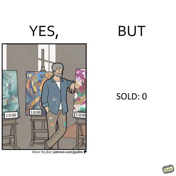 A comic points out that a painter with three expensive paintings for sale has sold zero. Clever Yes But comics.