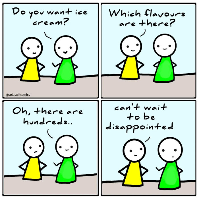 A clever comic shows two figures discussing ice cream flavors and anticipating disappointment, making mundane moments hilarious.