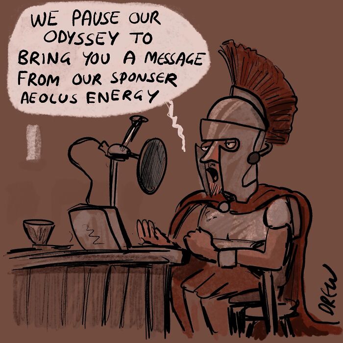 Clever single-panel comic of a Roman soldier at a microphone, pausing an odyssey for a sponsor message.