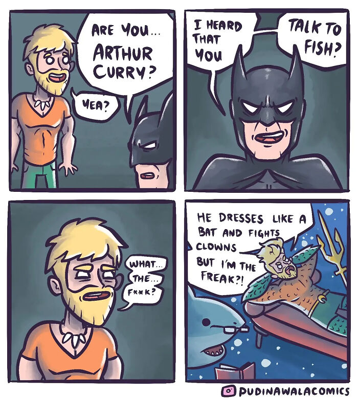A comic strip with a hilarious take on Aquaman and Batman from popular movies and pop culture.