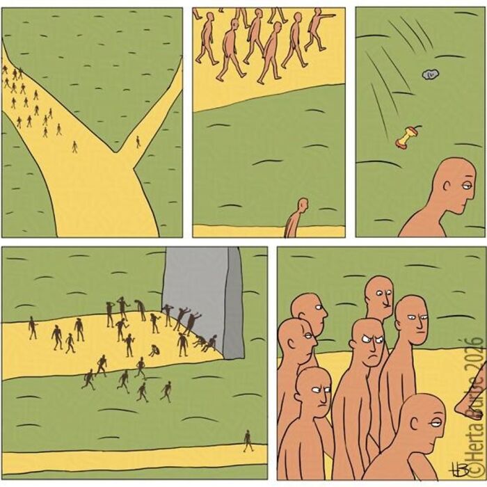 Herta Burbė comics and illustrations: a man choosing a different path than others, finding an apple core, then joining the crowd.