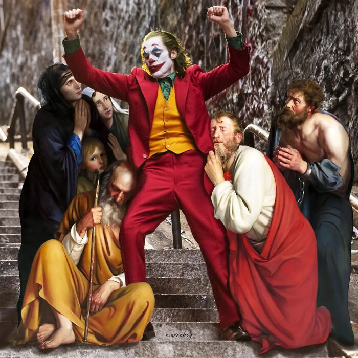 Digital artist blends famous movies with classical art, portraying Joker dancing on steps with classical figures.