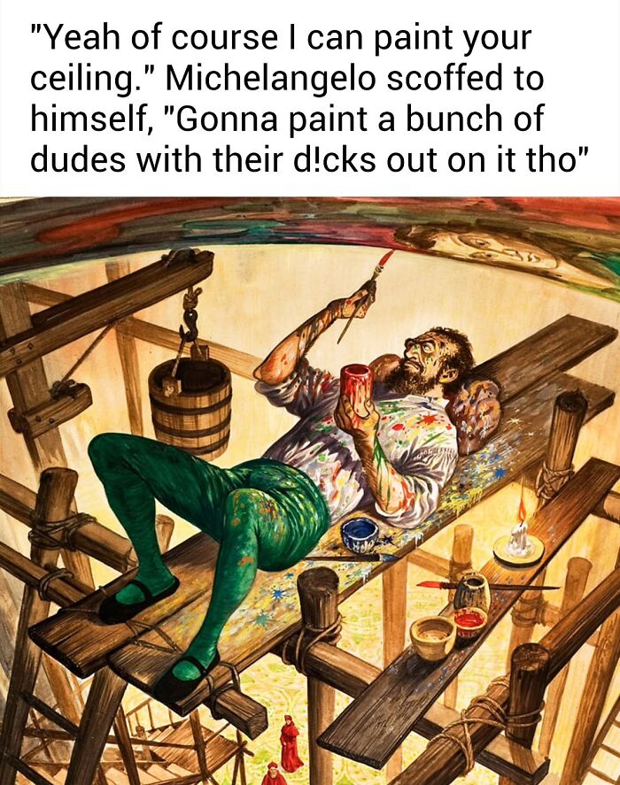 Classic painting turned into a modern comedy meme of Michelangelo painting. Art Memes Central.