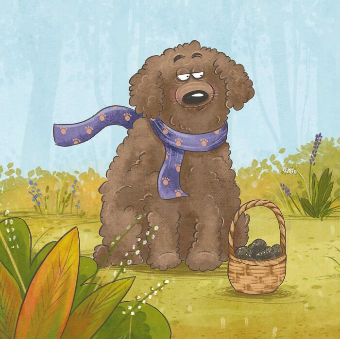 Illustrated character, a fluffy brown dog with a purple scarf, sitting next to a basket in a forest.