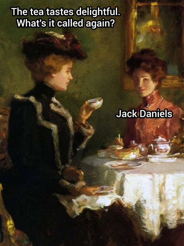 Classic painting turned into a modern comedy meme of two women having tea. Art Memes Central.