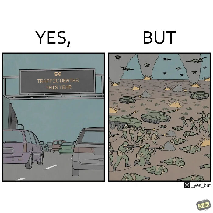 A comic strip contrasting a highway sign showing traffic deaths with a battlefield, one of the clever comics.