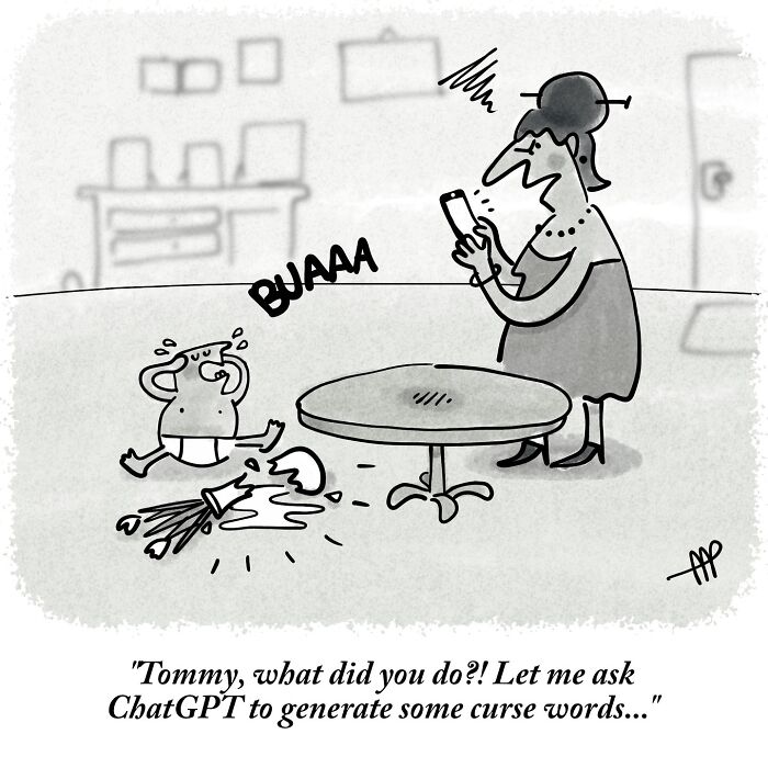 A witty single-panel comic shows a crying baby next to a broken vase and an angry woman on her phone.