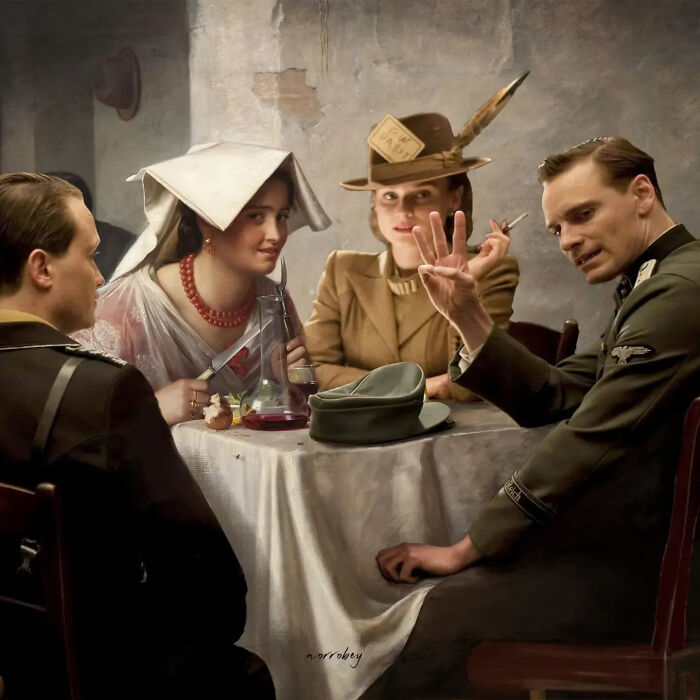 Digital artist blends famous movies with classical art, featuring a scene with soldiers and women at a table.