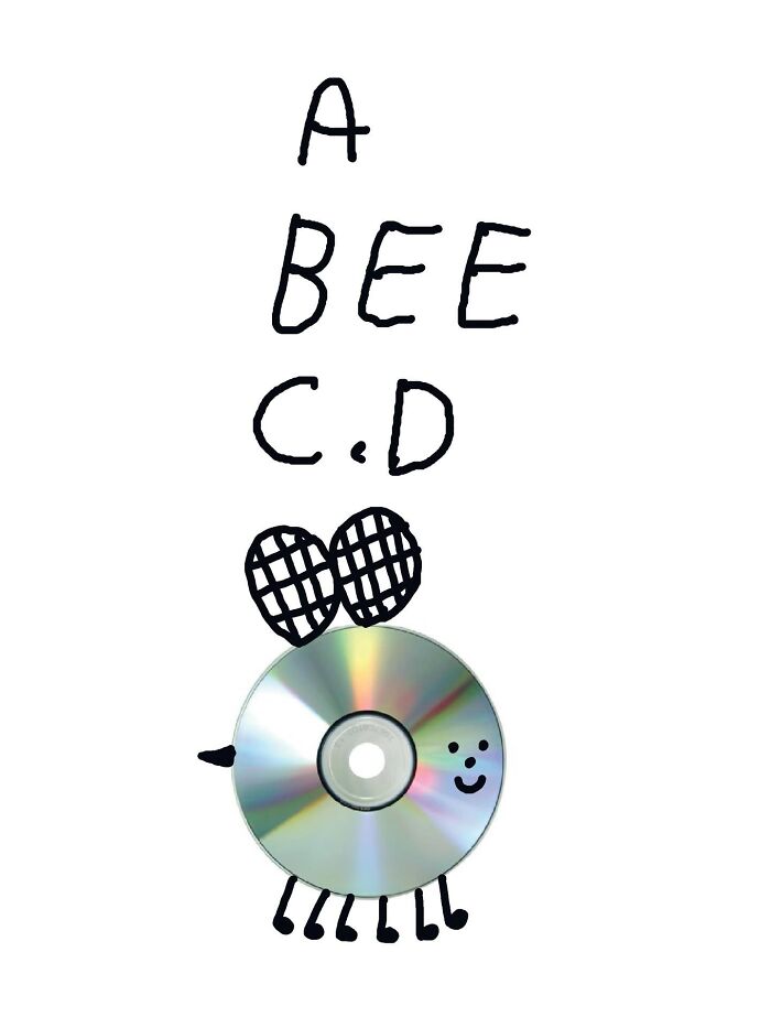 Light-hearted illustrations featuring a bee made from a CD with the text A BEE C.D., demonstrating silly wordplay and comical puns.