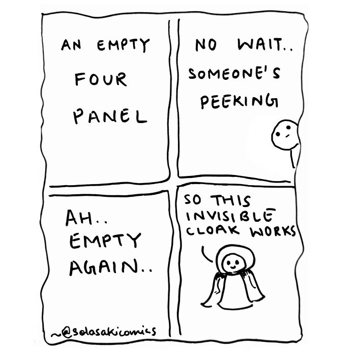 A clever comic depicting an invisible cloak working, revealing a small figure peeking, making mundane moments hilarious.