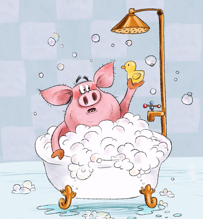 An illustrated character of a pig in a bubble bath holding a rubber duck, featuring lovable animals.