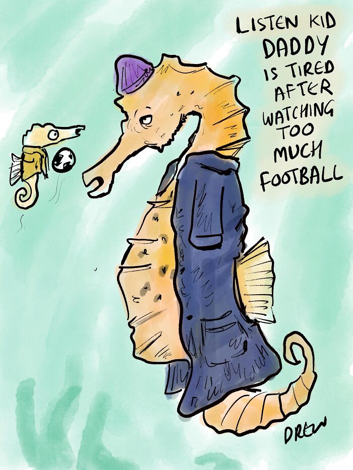 A single-panel comic of a seahorse in a coat with a baby seahorse, showing clever everyday observations.